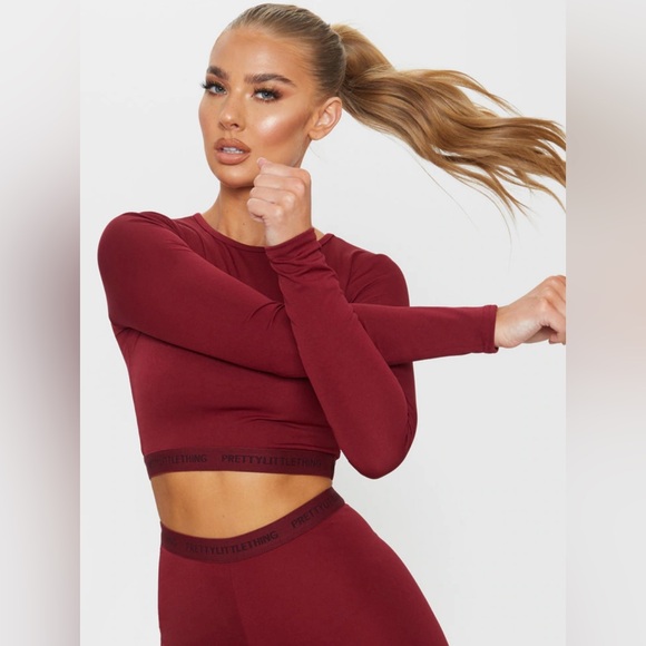 PrettyLittleThing PLT Berry Sport Long Sleeved Cropped Top Activewear Size 4 - Picture 1 of 5